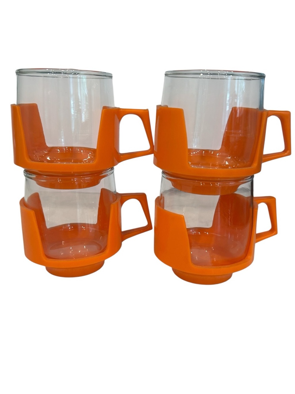 VTG JAJ Pyrex Drink Ups Lot of 4 Orange Plastic Holder Glass Mugs 1970s England